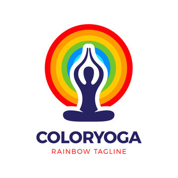 Silhouette of Yoga man or Woman sitting on a Rainbow circles background