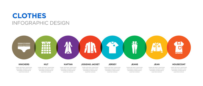 8 colorful clothes vector icons set such as housecoat, jean, jeans, jersey, jogging jacket, kaftan, kilt, knickers