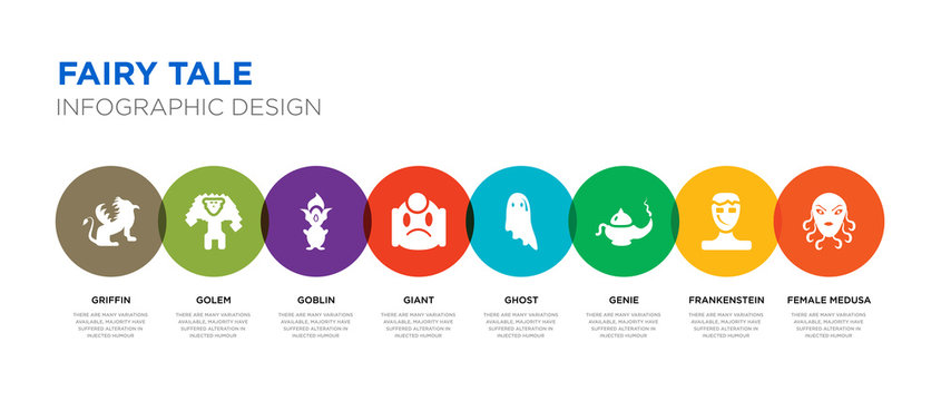 8 colorful fairy tale vector icons set such as female medusa, frankenstein, genie, ghost, giant, goblin, golem, griffin