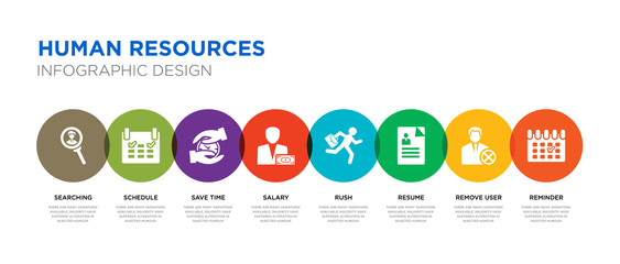 8 colorful human resources vector icons set such as reminder, remove user, resume, rush, salary, save time, schedule, searching