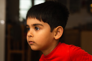 4-5 years Indian boy in red shirt watching intently at an angle to camera with face highlighted in somber mood portrait