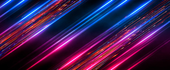 Dark abstract futuristic background. Neon lines, glow. Neon lines, shapes. Pink and blue glow. 