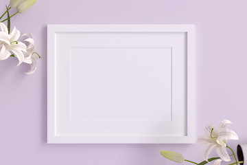 empty white picture frame for insert text or image inside with white flower decorate on violet pastel color..