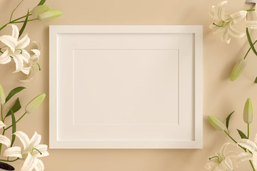 empty white picture frame for insert text or image inside with white flower decorate on orange...