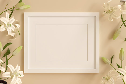 empty white picture frame for insert text or image inside with white flower decorate on orange pastel color..