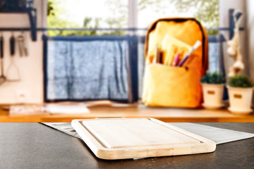 table background of free space and blurred window sill with schoolbag 