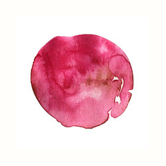Rube red round watercolor stain. Scarlet circle shape. Hand drawn isolated element on white background
