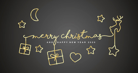 Merry Christmas and Happy New Year 2020 gold symbols and handwritten tipography black background greeting card