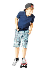 Teenager with funny expression face, gesticulates with a hands and riding a skateboard isolated on white background