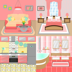 Set of vector interiors with furniture and equipment. Design a living room, kitchen, bathroom, bedroom.