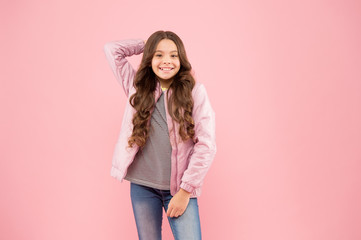 Fall trends. Autumn season collection. Street style outfit. Comfortable outfit for autumn. Trendy outfit. Little kid wear pink bomber jacket. Fashion girl. Modern fashion for kids. Clothes store