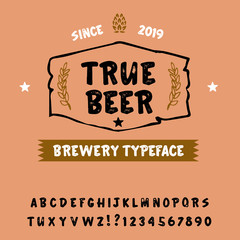 " beer " typeface. Vector hand crafted font in medieval style with hops. Good for posters, alcohol label and festival invitation.Letters and numbers.Vector illustration.