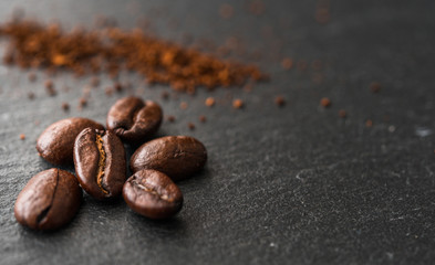 Close up macro photo of roasted coffee beans