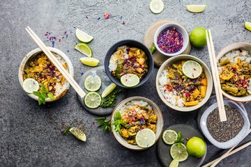  Top view composition of various Asian food in bowl