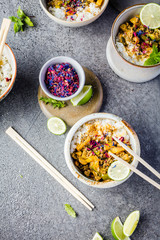  Top view composition of various Asian food in bowl