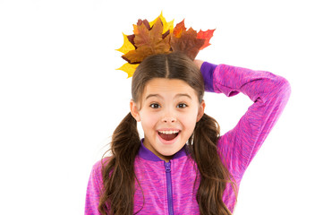 Find inspiration in nature. Inspiring season. Good mood. Autumn time. Little girl welcome autumn season. Small girl celebrating fall. Kid girl cute face hold leaf. Smiling child with autumn leaves