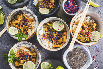  Top view composition of various Asian food in bowl