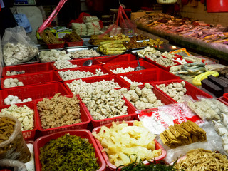 processed fishballs and other fish products at chun yeung market in hong kong