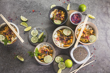  Top view composition of various Asian food in bowl