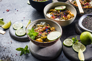 set of delicious traditional Asian food in bowls, top view 