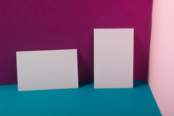 Business cards blank. Mockup on color background. Flat Lay. copy space for text.