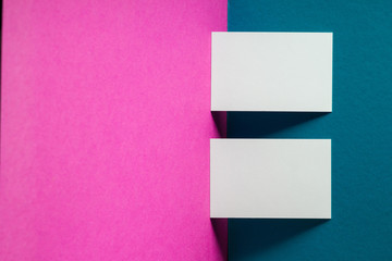 Business cards blank. Mockup on color background. Flat Lay. copy space for text.