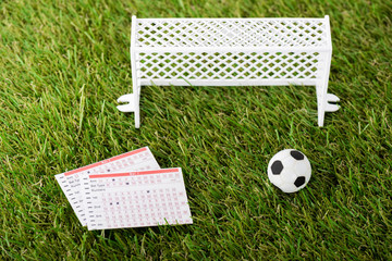 toy soccer ball near miniature football gates and betting lists on green grass, sports betting...