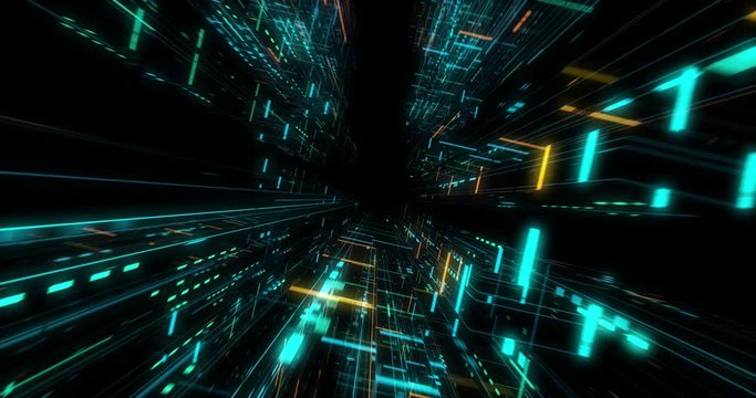 Quantum computer environment with digital technology, processing unit of an advanced Artificial intelligence. Flight through flow of digital information tunnel / cloud computing. loop / 3D render