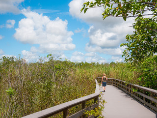 Woman walking on a wooden path on swamp in Everglades, Florida, USA