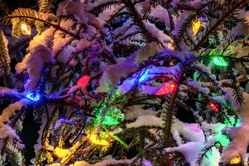 Very shiny Christmas decorations outside, night, Northern countries, Led lamps usage to save energy for green environment, snow corn, fir tree needles illuminated by lamps that on the Christmas tree
