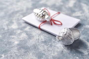 Christmas ornaments on rustic background. Close up. Copy space. 