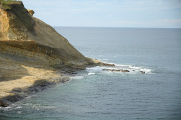 Sandy rock and ocean or sea. blue sky, clear weather