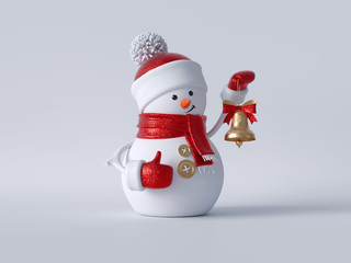 3d Christmas snowman standing, holding golden bell. Winter holiday clip art isolated on white background. Cute seasonal character.