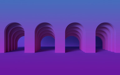 3d render, abstract ultraviolet modern geometric background, architectural concept, arch inside violet wall, paper layers