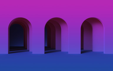 3d render, abstract ultraviolet modern geometric background, architectural concept, arch inside violet wall, paper layers