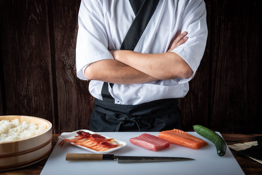 japanese sushi chef image with raw fish