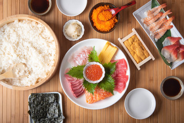 temaki-sushi, ingredients of japanese home  hand roll sushi party
