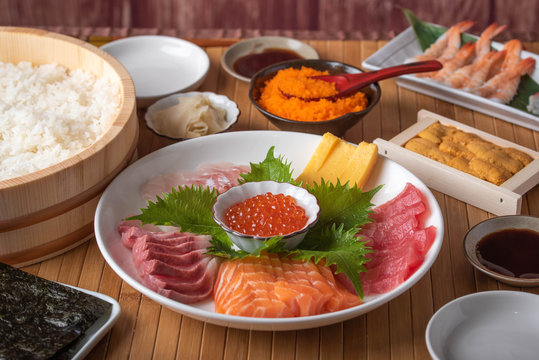 temaki-sushi, ingredients of japanese home  hand roll sushi party