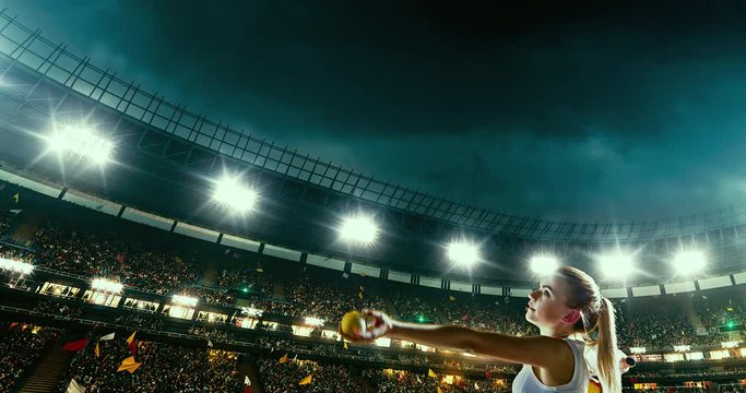 Female tennis player in action during game on the professional stadium. She is wearing unbranded sport clothes. The stadium is made in 3D.