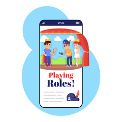 Playing roles smartphone app screen. Mobile phone display with cartoon characters design mockup. Development of acting skills. Theatre application for children telephone interface