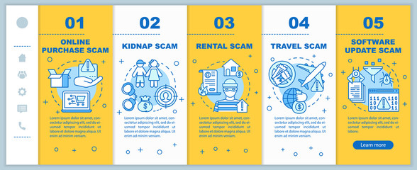 Naklejka premium Scam types onboarding mobile web pages vector template. Responsive smartphone website interface idea with linear illustrations. Online purchase scam. Webpage walkthrough step screens. Color concept