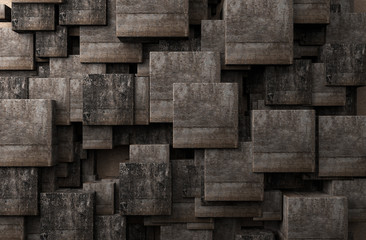 Stone cubes in a dark room.Concrete and cement block walls.3d illustration
