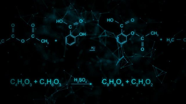 Animation of typing aspirin chemical formula consisting of benzene rings, hexagon in abstract digital space. Seamless loopable background.