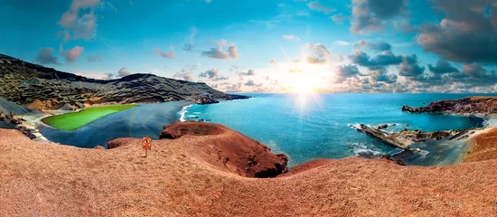 Canary island and Spanish beach.Scenic landscape Green lake in El Golfo, Lanzarote island, Spain