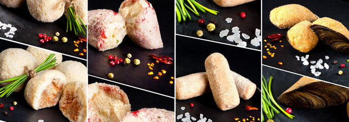 Breaded peppers,stuffed mussels and croquettes. Butcher's products for frying