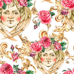 Watercolor golden baroque angel seamless pattern, with red roses, rococo ornament texture. Hand drawn gold scroll, face cupid on white background