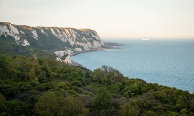 Fototapeta na wymiar View at white cliffs of Dover, grass, trees and rocks