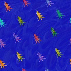 Festive pattern of colorful christmas trees on a blue background. Hand-drawn watercolor texture with stains, curves, stripes. Design for packaging, printing, fabric, wallpaper, postcard, web