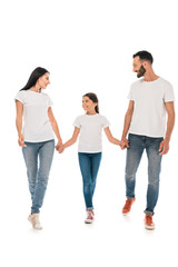 cheerful kid holding hands with parents isolated on white
