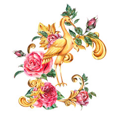 Watercolor golden baroque crane, red rose, floral curl, rococo ornament element. Hand drawn gold scroll, leaves isolated on white background. Vintage design collection